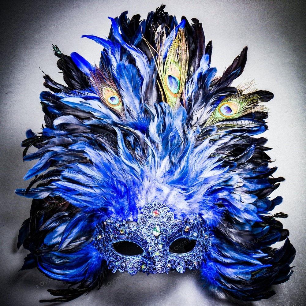 Blue Venetian Carnival Masquerade Top Feather Mask